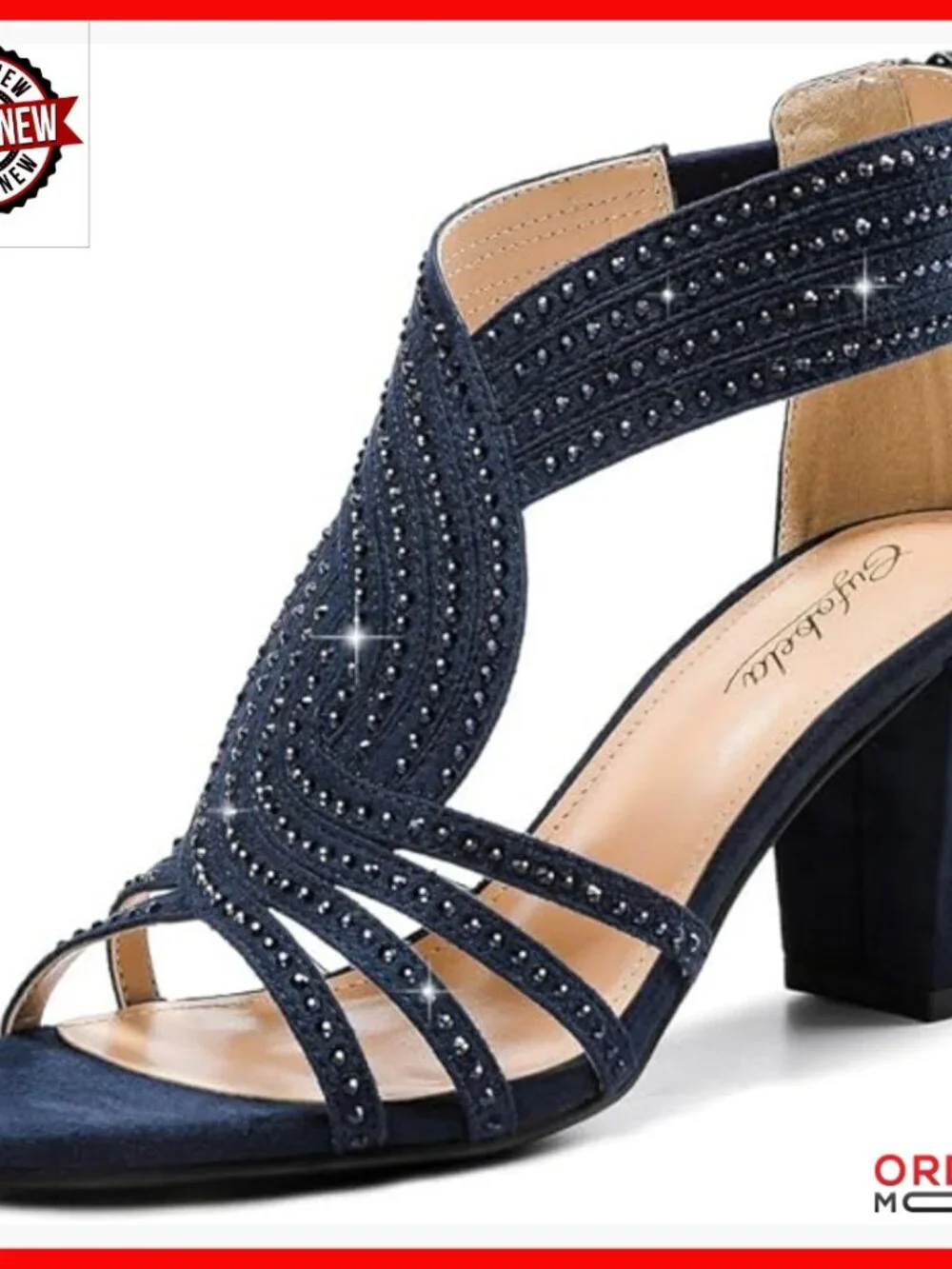 Rhinestone Sparkly Chunky Block Heel Sandals Open Toe Dressy Shoes Zipper